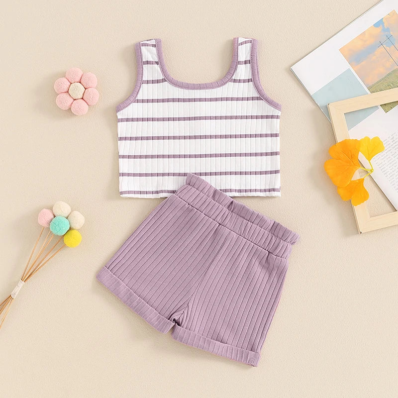 Toddler Baby Girl 2Pcs Summer Ribbed Set Striped Round Neck Sleeveless Tank Top Elastic Waist Shorts Outfit