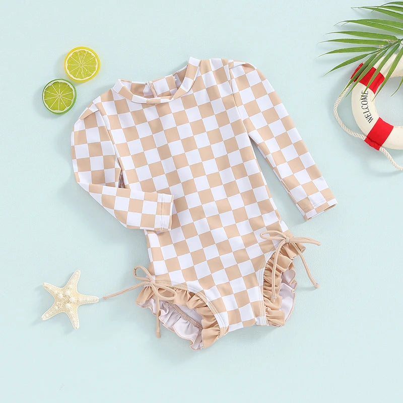 Baby Toddler Girls Beach Swimwear Long Sleeve Checkerboard Plaid Print Ruffle Romper Bathing Suit