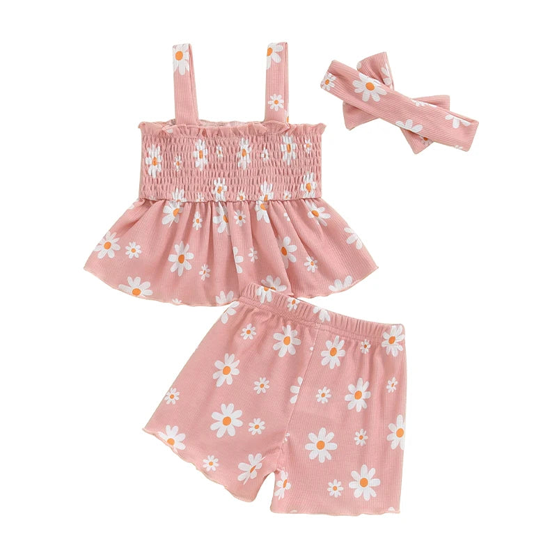 Baby Toddler Girls 3Pcs Outfit Sleeveless Daisy Flower Print Baby Doll Tank Top Shorts Headband Set