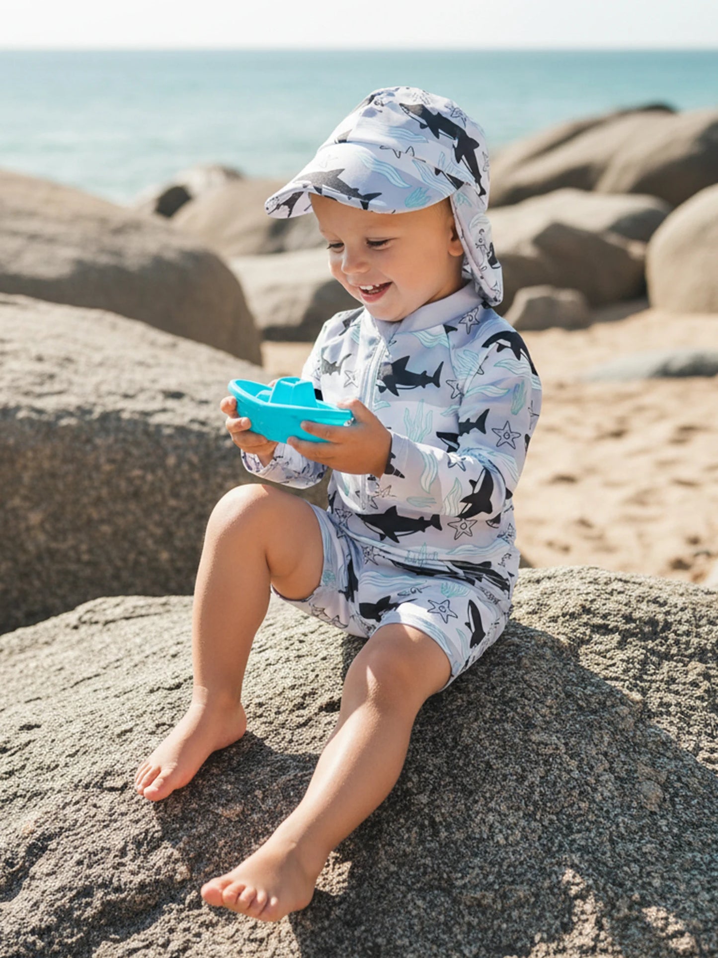 Baby Toddler Boys 3Pcs Rash Guard Swimsuit Print Zip Up Long Sleeve Swimwear Top Swim Shorts and Hat Set