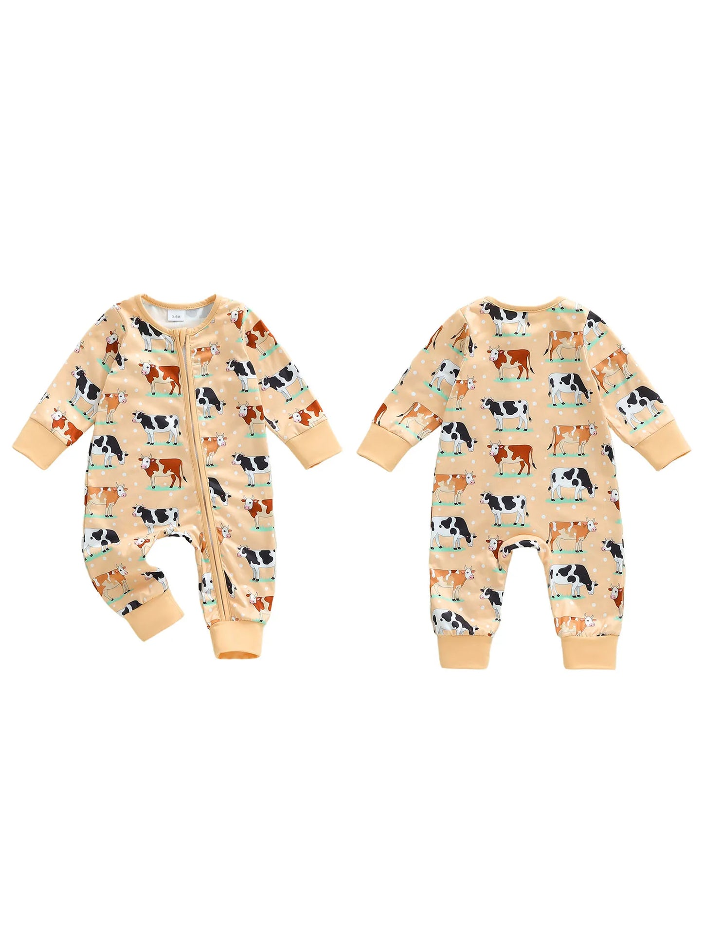 Baby Boy Girl Cow Printed Romper Fashionable Round Neck Long Sleeve Fall Spring Zipper Jumpsuits