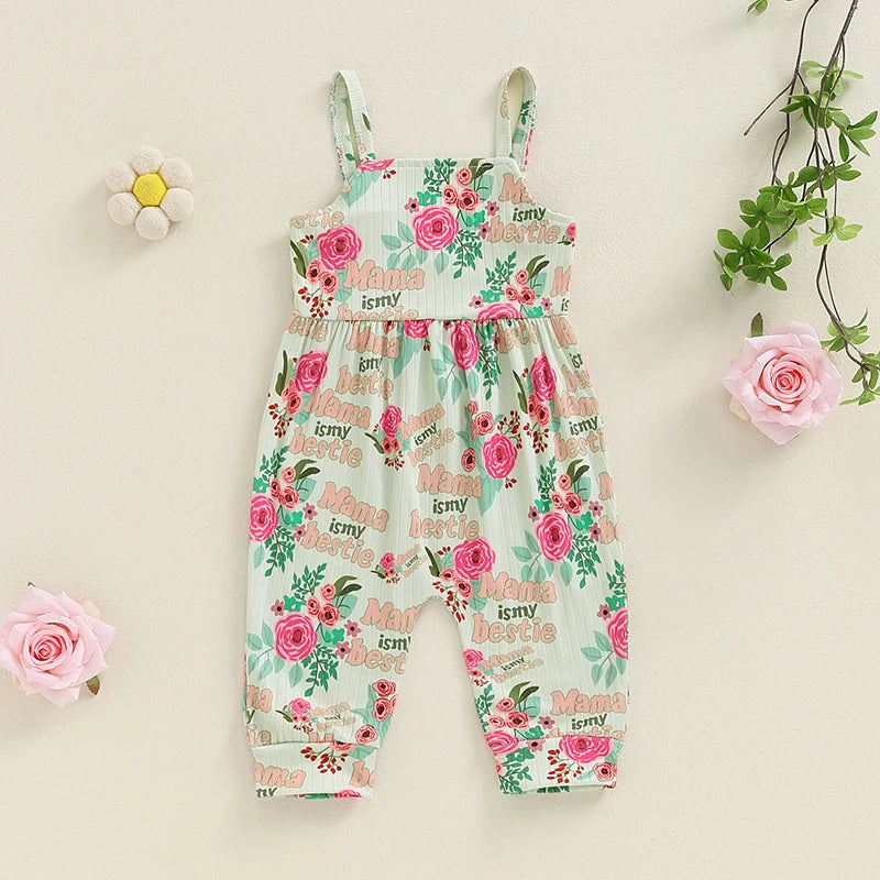 Baby Toddler Girls Mama's Mini / Mama Is My Bestie Summer Romper Overalls Casual Letters Floral Flowers Print Sleeveless Tank Jumpsuit