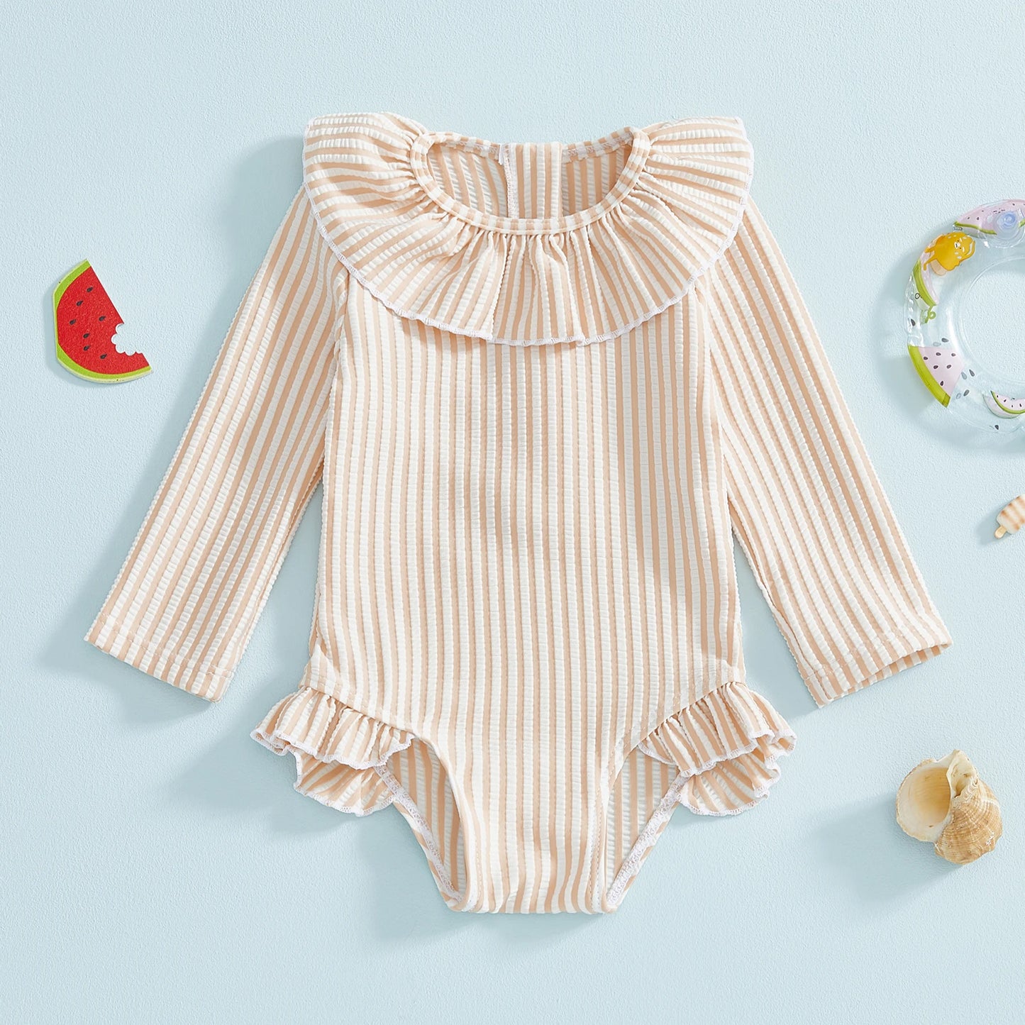 Baby Toddler Girl Rash Guard Swimsuit Long Sleeve Ruffled Collar Striped Swimwear Bathing Suit for Beach Pool