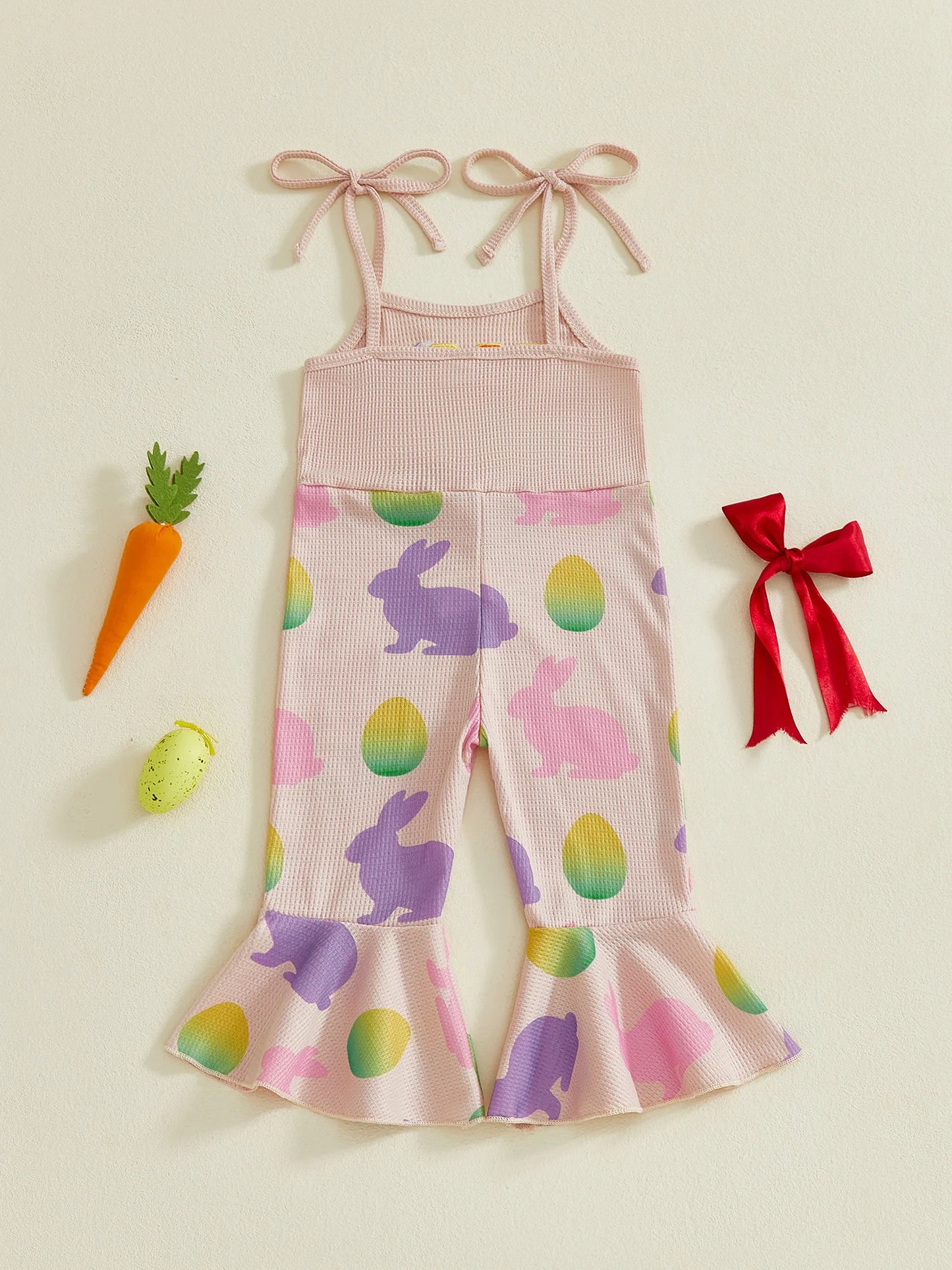 Baby Toddler Girls Easter Jumpsuit Eggstra Bell Bottoms Letter Easter Egg Bunny Bow Pattern Sleeveless Overalls Romper