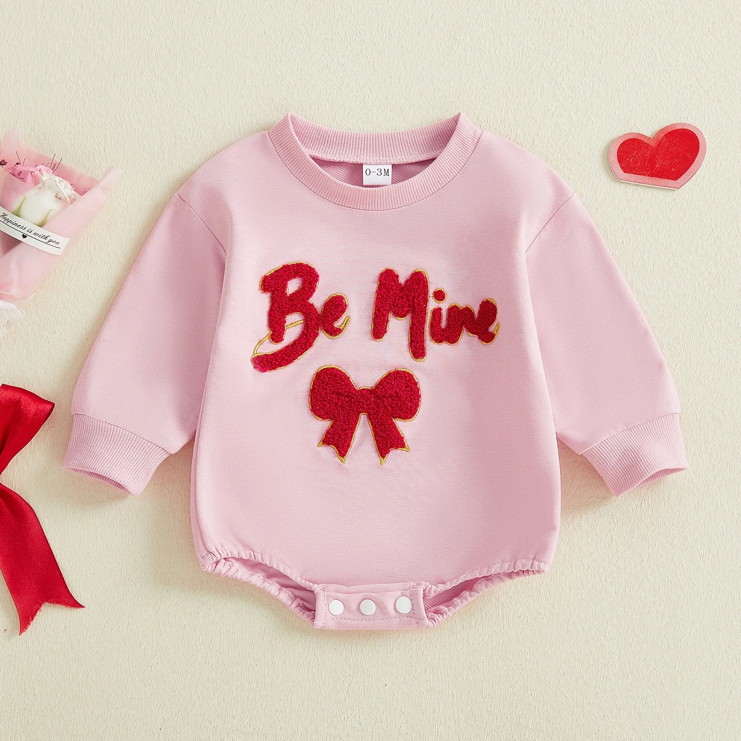 Baby Girl Be Mine Valentine's Day Romper Long Sleeve Round Neck Letter Embroidery Bodysuit