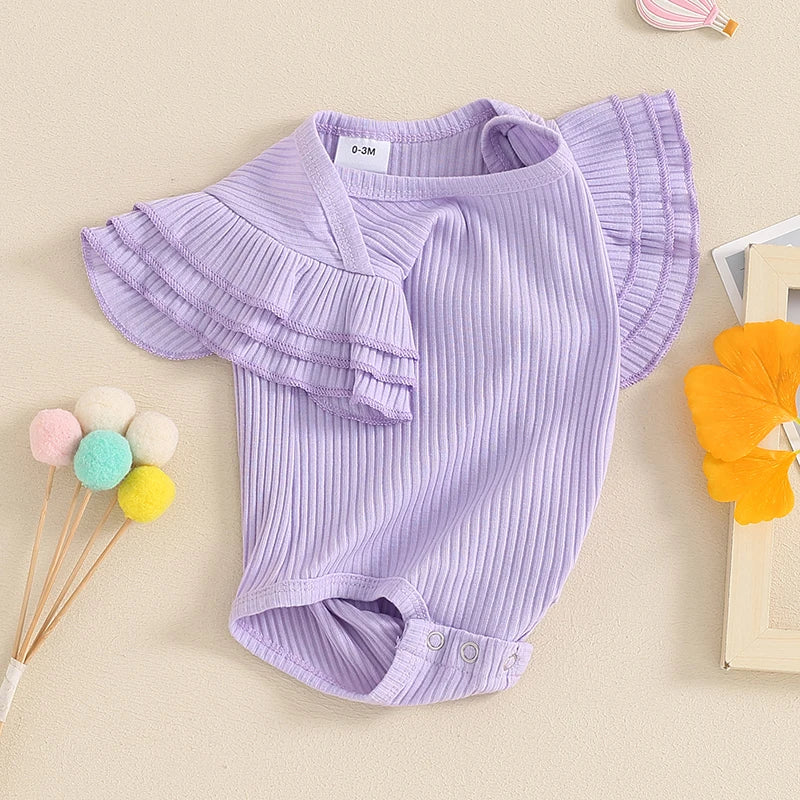 Baby Girl Summer Clothes Ribbed Plain Ruffle Sleeve Short Sleeve Bodysuit Rib Knit Romper