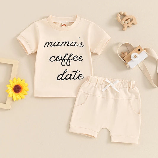 Baby Toddler Girls Boys 2Pcs Mama's Coffee Date Letter Print Short Sleeve Top and Elastic Shorts Outfit Set