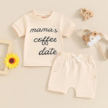 Load image into Gallery viewer, Baby Toddler Girls Boys 2Pcs Mama&#39;s Coffee Date Letter Print Short Sleeve Top and Elastic Shorts Outfit Set
