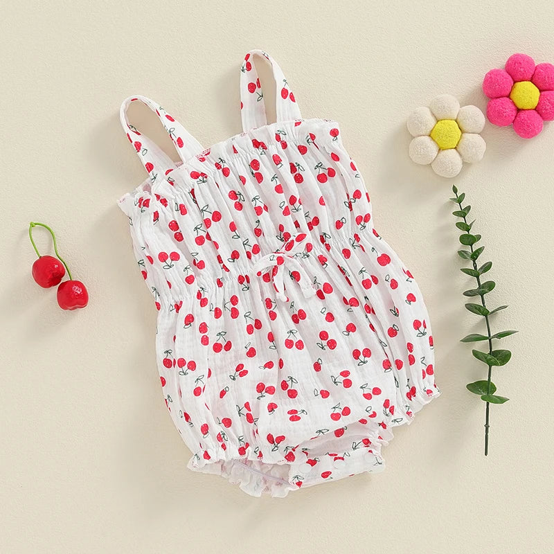 Baby Girl Summer Romper Cute Flower Carrot Cherries Print Sleeveless Tank Top Bow Front Bodysuit