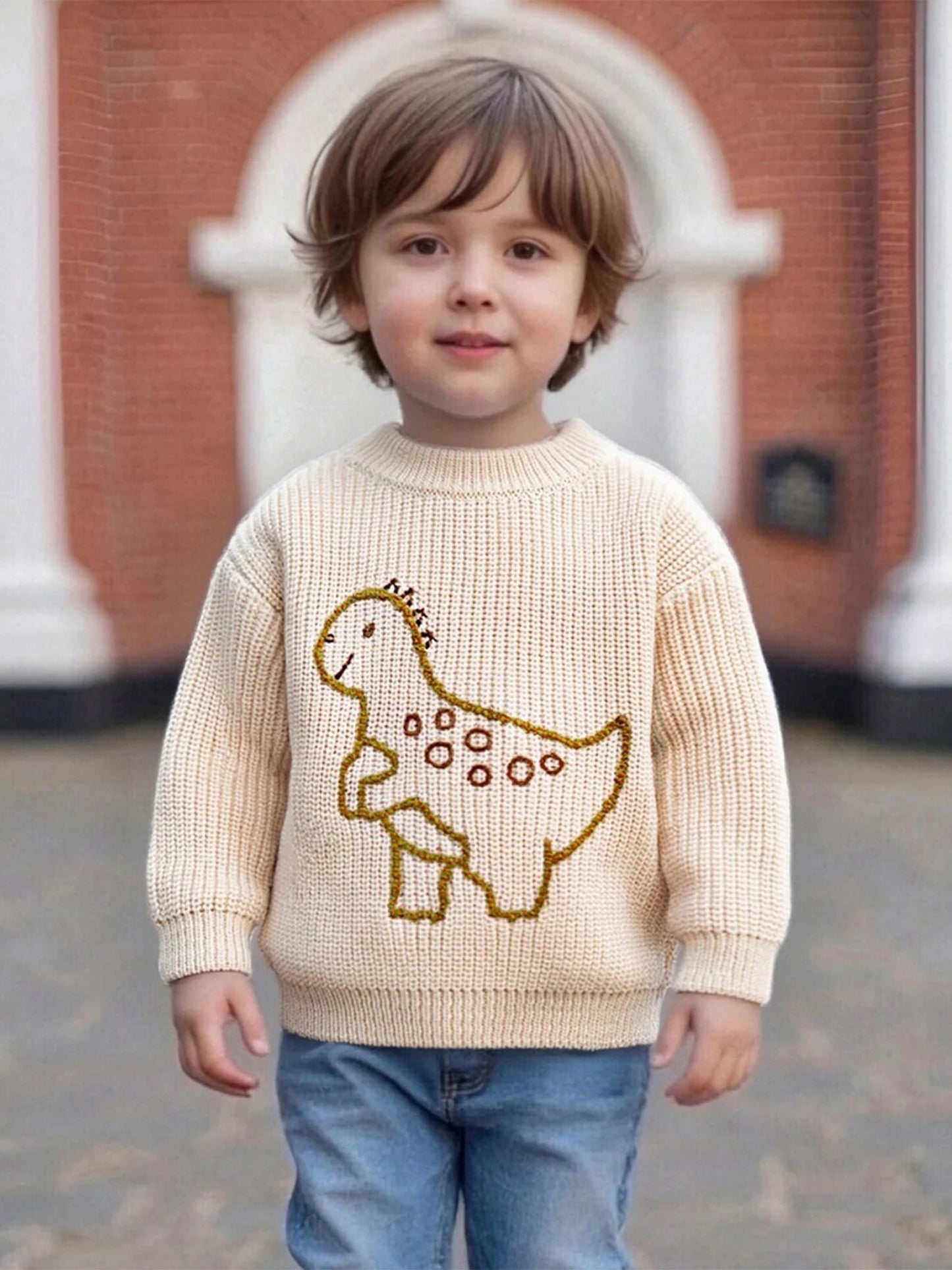 Baby Toddler Boy Sweater Long Sleeve Crew Neck Dinosaur Embroidery Knit Tops Comfortable Pullover