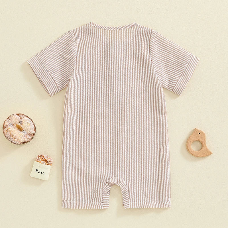 Baby Boys Button Romper Short Sleeve Stripe Print Jumpsuit Pocket Casual Clothes