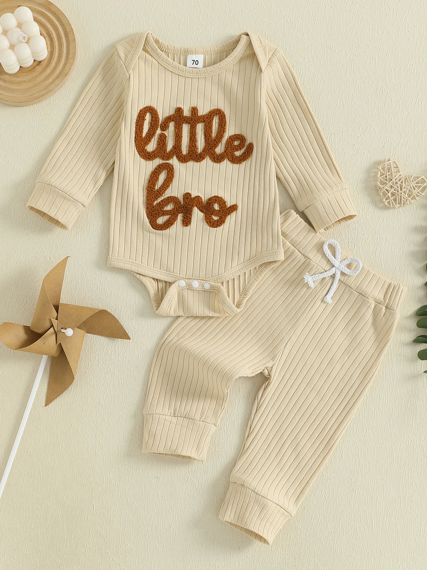 Baby Boy 2Pcs Fall Clothes Letter Little Bro Embroidery Long Sleeve Romper Solid Long Jogger Pants Outfit Set