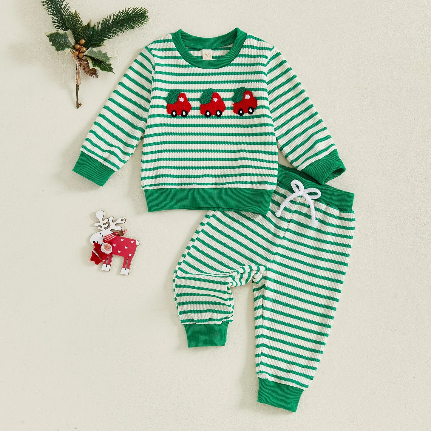 Baby Toddler Girls Boys 2Pcs Christmas Outfit Car Truck Tree Embroidered Striped Crew Neck Long Sleeve Pullover Top and Pants 2Pcs Jogger Set