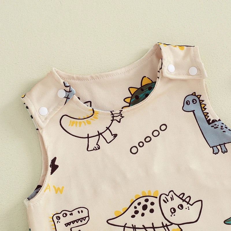 Baby Boys Summer Casual Jumpsuit Sleeveless Dinosaur Cartoon Print Button Romper