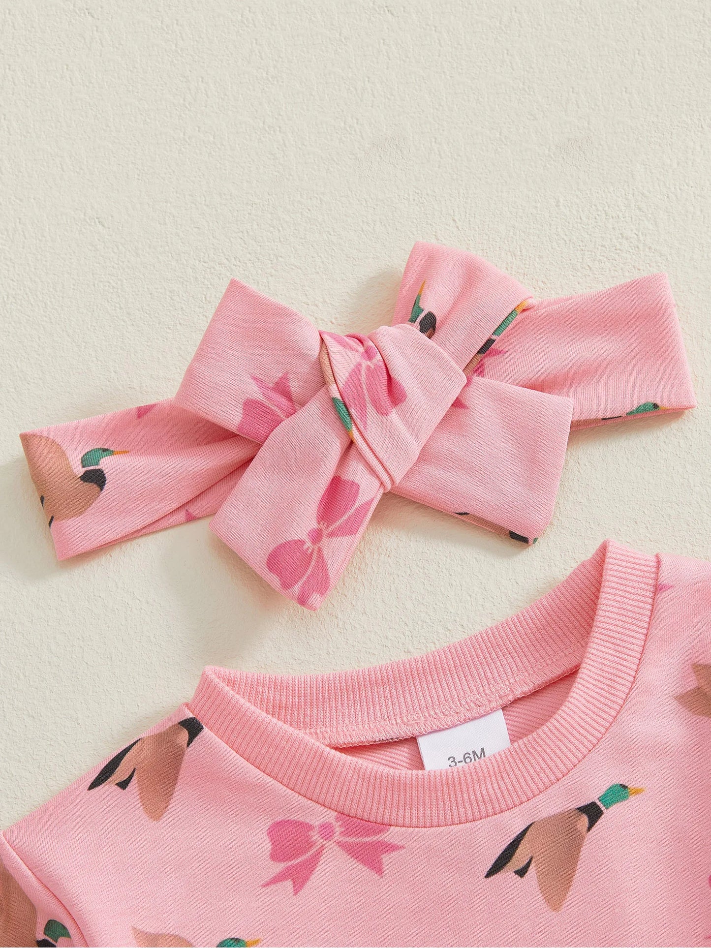 Baby Girls 2Pcs Romper Round Neck Duck and Bow Print Long Sleeve Jumpsuit with Headband Set