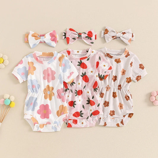 Baby Girls 2Pcs Casual Romper Short Sleeve O Neck Floral Flowers Strawberries Print Romper with Headband Set