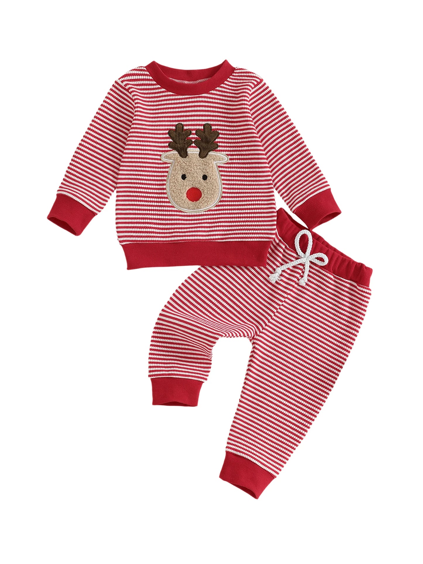 Baby Toddler Boys Girls 2Pcs Christmas Outfit Reindeer Embroidery Stripe Long Sleeve Round Neck Pullover Top + Elastic Waist Long Pants Jogger Set