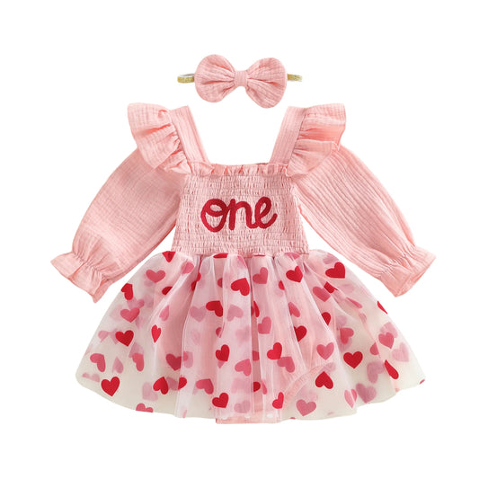 Baby Girl 2Pcs One Long Sleeve Square Neck Heart A-line Heart Tutu Romper Dress with Bowknot Headband Birthday Outfit