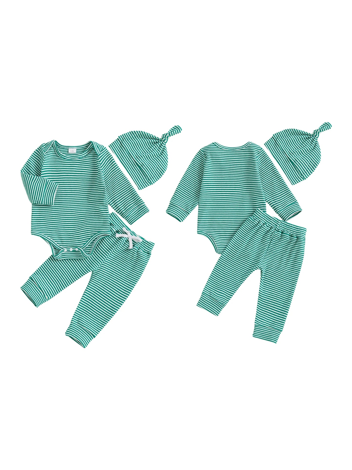 Baby Boys Girls 3Pcs Outfits Striped Crew Neck Long Sleeve Romper Pants and Cap Hat Set