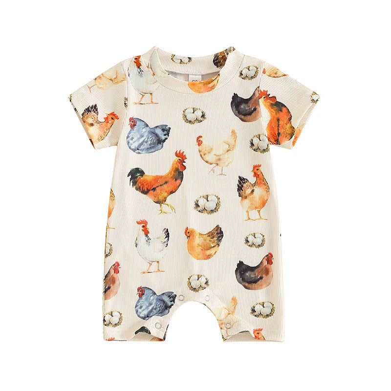 Baby Girls Boys Romper Round Neck Short Sleeve Rooster Chicken Eggs Print Ribbed Jumpsuit Summer Clothes Romper