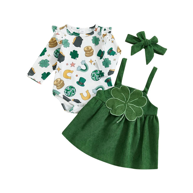 Baby Girls 3Pcs St. Patrick's Day Outfit Cartoon Print Ruffles Long Sleeve Romper and Four Leaf Clover Suspender Skirt Dress Headband Set