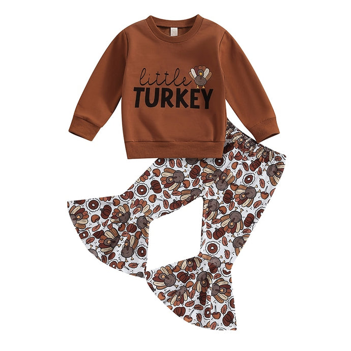 Baby Toddler Kids Girl 2Pcs Thanksgiving Outfits Long Sleeve Top Little Turkey Flare Pants Set Fall