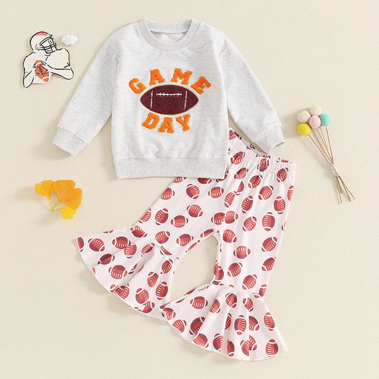 Toddler Kids Girls 2Pcs Football Game Day Outfit Letter Embroidery Long Sleeve Sweatshirt Flare Pants 2 Piece Set for Fall