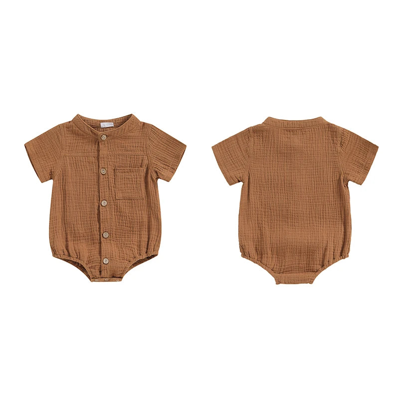 Baby Boy Romper Casual Button Down Round Neck Short Sleeve Jumpsuit