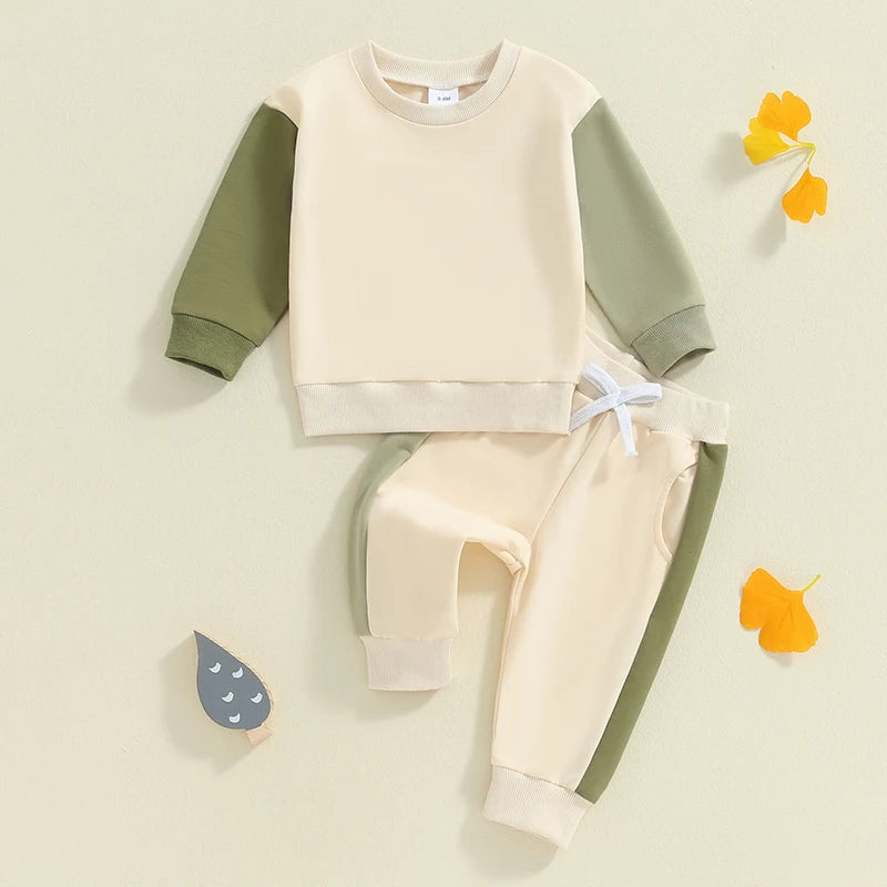 Baby Toddler Boys 2Pcs Fall Outfit Contrast Color Long Sleeve Top and Long Pants Set