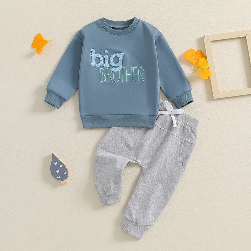 Toddler Kids Boys 2Pcs Big Brother Fall Set Letter Embroidery Long Sleeve Crewneck Top with Solid Color Pants Outfit