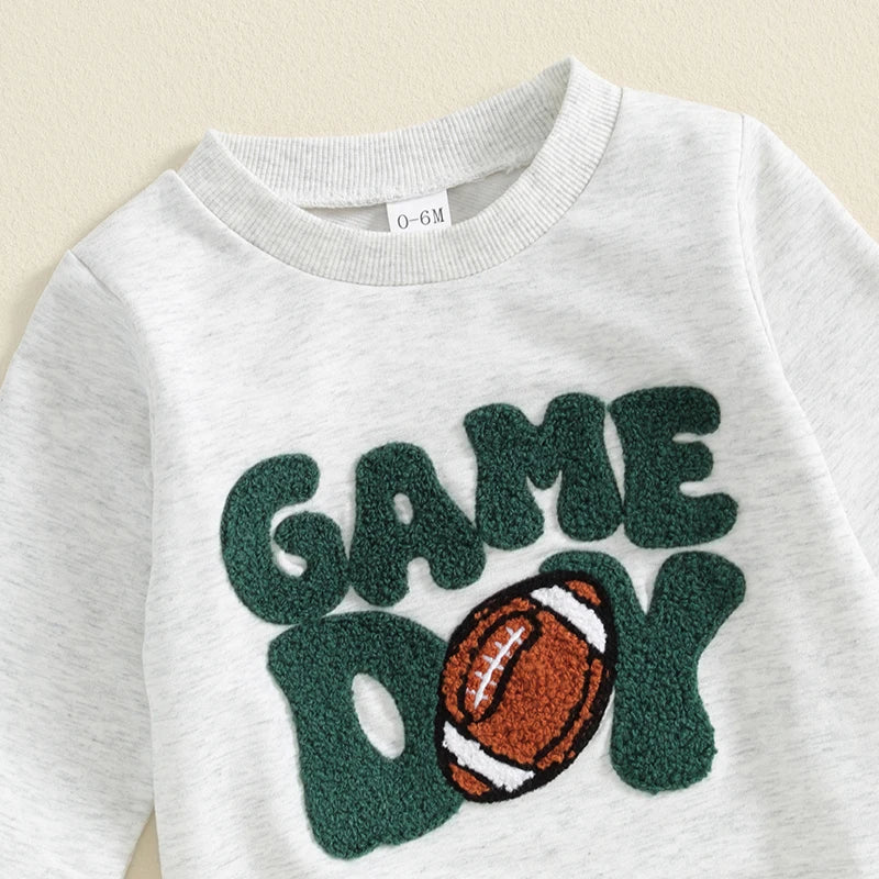 Baby Toddler Boys 2Pcs Game Day Set Long Sleeve Embroidery Letters Football Top Elastic Waist Pants Clothes Outfit