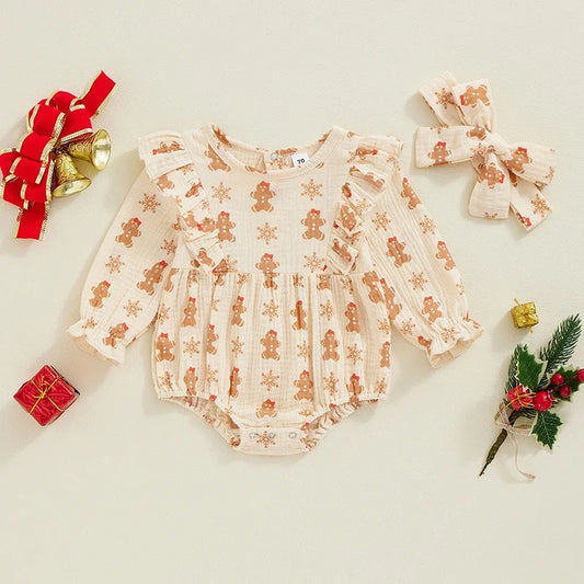 Baby Girls 2Pcs Christmas Linen Romper Gingerbread Man Print Long Sleeve O-Neck Bubble Jumpsuit with Headband Set