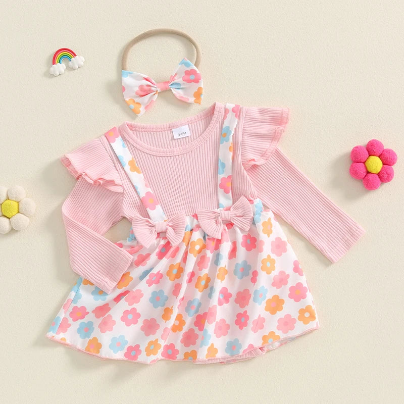 Baby Girls 2Pcs Romper Dress Flower Print Long Sleeve Skirt Overalls Jumpsuit Fall Bodysuits with Headband Set