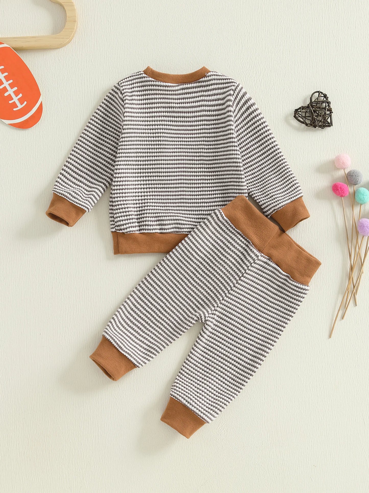 Baby Toddler Boys 2Pcs Autumn Long Sleeve O Neck Football Embroidery Top Striped Pants Jogger Set