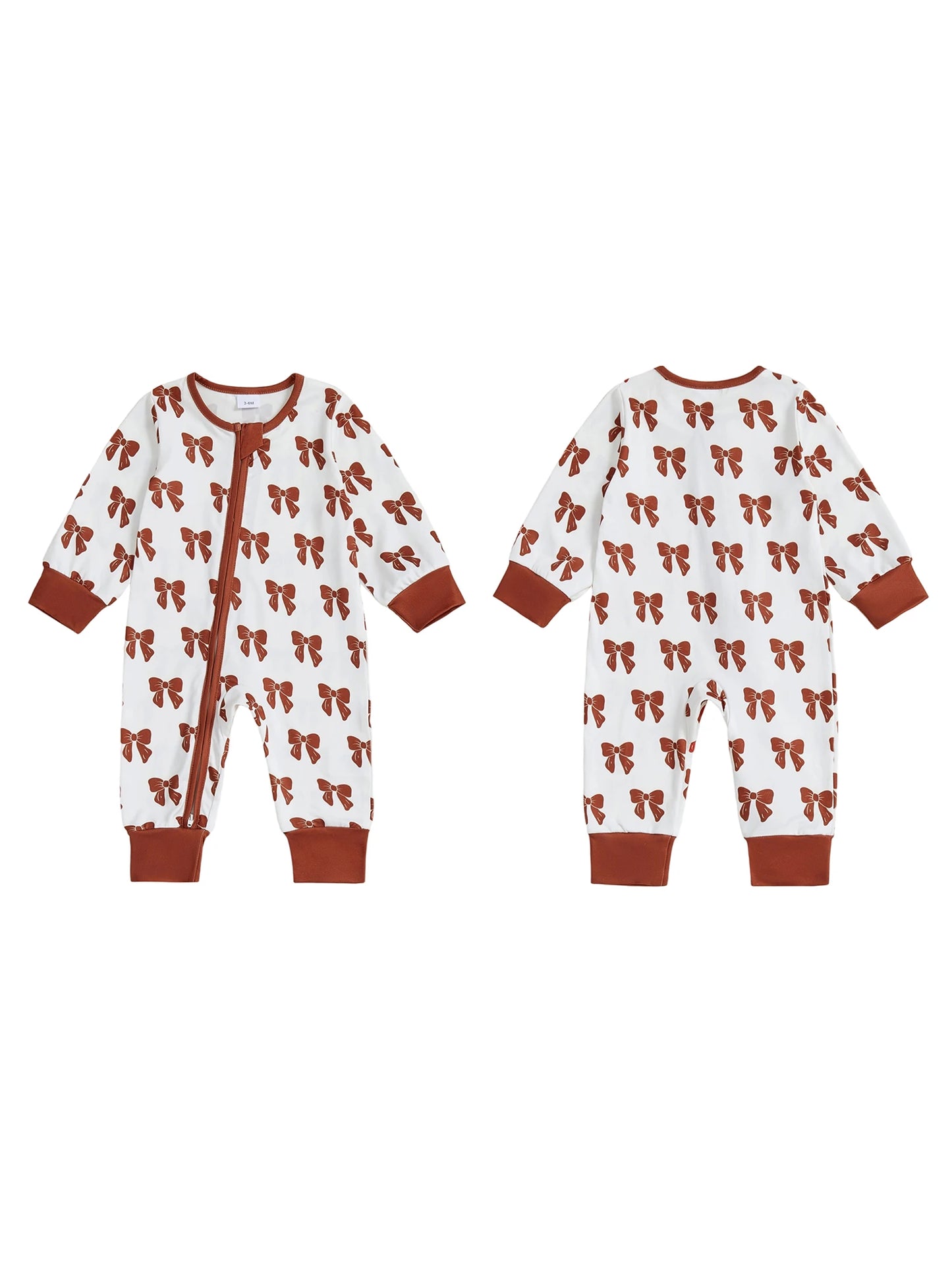 Baby Girl Zipper Romper Long Sleeve Round Neck Bow Print Jumpsuit