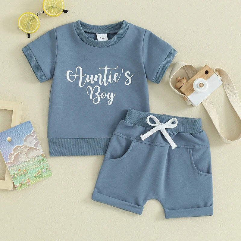 Baby Toddler Boy 2Pcs Auntie's Boy Shorts Set Letter Print Short Sleeve Round Neck Top with Solid Color Shorts Outfit