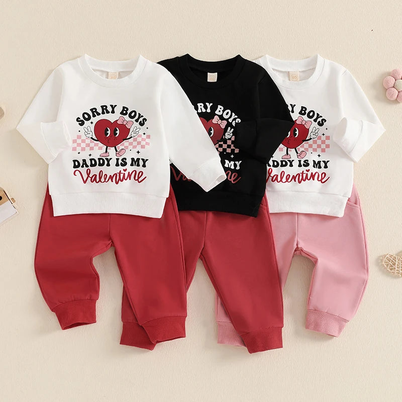 Baby Toddler Girls 2Pcs Sorry Boys Daddy Is My Valentine Valentine's Day Outfit Letter Heart Print Long Sleeve Top with Solid Color Long Pants Jogger Set Valentines