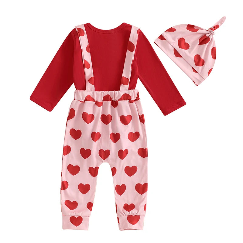 Baby Boys Girls 3Pcs Valentine’s Day Outfit Long Sleeve Romper with Bowtie Suspender Pants Hat Set Valentines