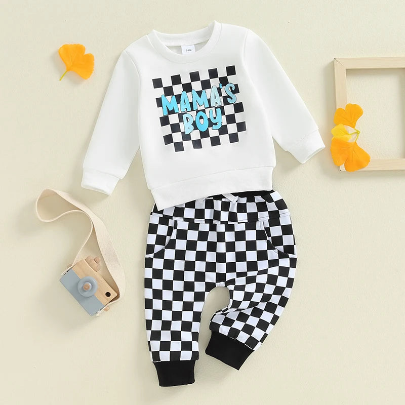 Baby Toddler Boys 2Pcs Mama's Boy Checkered Set Letter Print Long Sleeve Round Neck Top with Pocket Long Pants Outfit