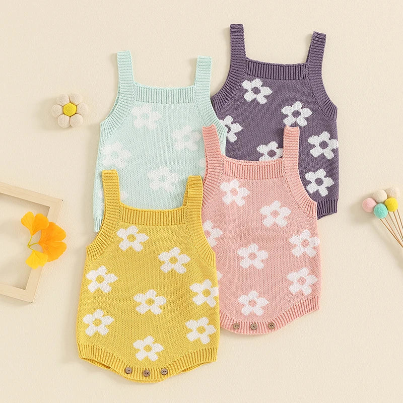 Baby Girl Summer Knit Romper Casual Floral Print Sleeveless Jumpsuit