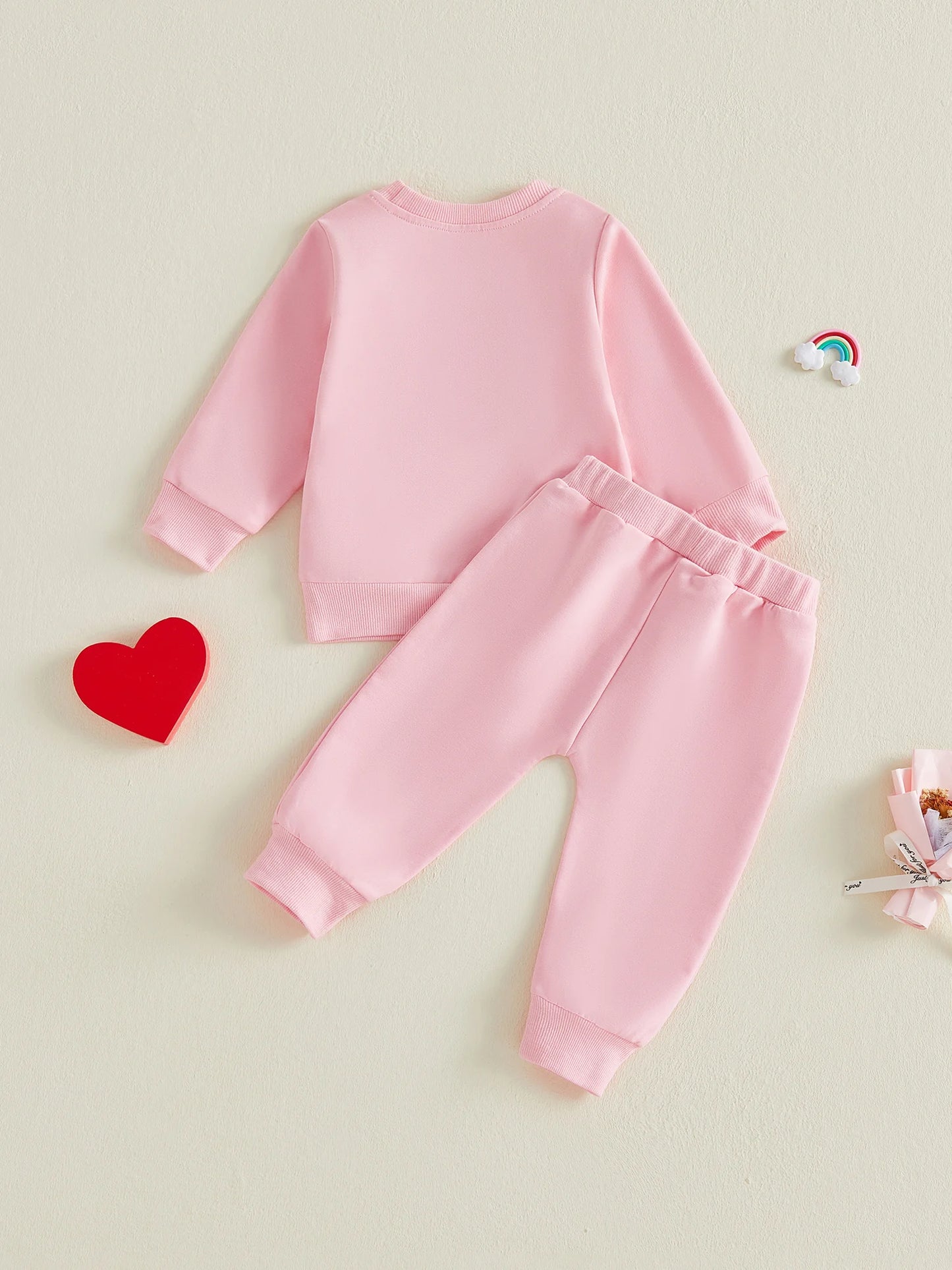 Baby Toddler Girls 2Pcs Valentine's Day Clothes Long Sleeve Crew Neck 3D Crochet Flower Love Decor Top and Pants Jogger Set