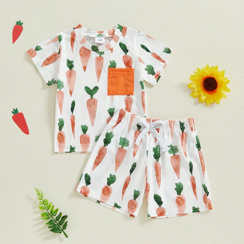 Baby Toddler Boys 2Pcs Easter Set Adorable Carrot Print Short Sleeve Round Neck Top Elastic Waistband Shorts Outfit