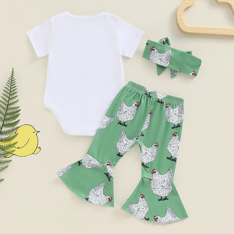 Baby Girls 3Pcs Give Me A Peck / Professional Chicken Chaser Short Sleeve Romper Chicken Print Flared Pants Headband Set Outfit