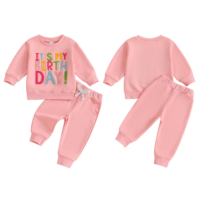 Baby Toddler Kids Girls It's My Birthday Outfit Letter Embroidery Long Sleeve Crew Neck Pullover Top with Solid Long Pants Jogger Set