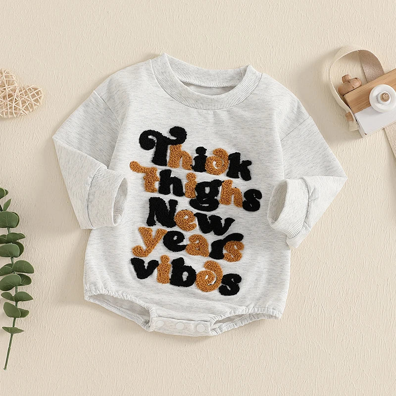 Baby Girls Boys New Year's Eve Romper Long Sleeve Crew Neck Embroidery Letters Thick Thighs New Years Vibes Bodysuit