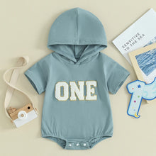 Load image into Gallery viewer, Baby Boy Girl Birthday Hooded Romper Short Sleeve ONE Letter Embroidery Casual Jumpsuits
