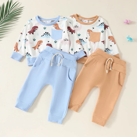 Baby Toddler Boys 2Pcs Fall Outfit Long Sleeve Dinosaur Print Top + Pants Set