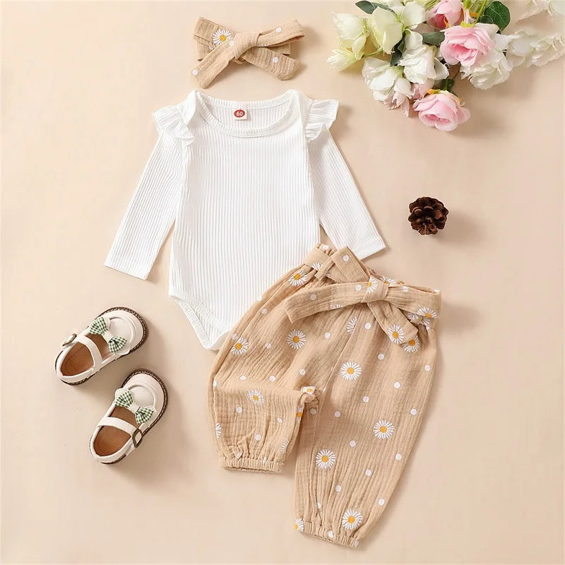 Baby Girl 3Pcs Solid Ribbed Ruffle Romper Long Sleeve Daisy Print Pants and Bow Headband Set