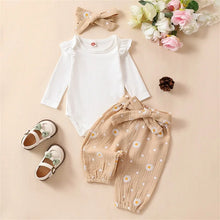 Load image into Gallery viewer, Baby Girl 3Pcs Solid Ribbed Ruffle Romper Long Sleeve Daisy Print Pants and Bow Headband Set
