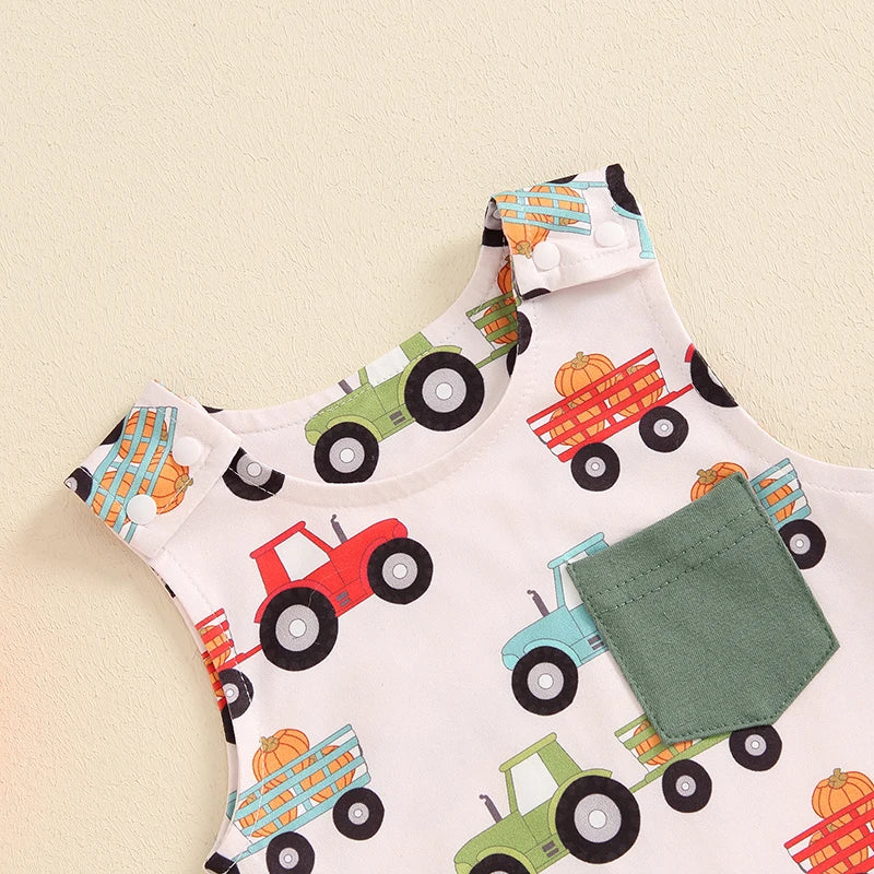 Baby Boys Jumpsuit Sleeveless Crew Neck Pocket Pumpkin Tractor Print Romper Halloween Jumpsuit